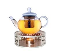Creano Tetera de vidrio 800ml + un calentador de acero inoxidable, 3 piezas, con colador de acero inoxidable integrado y tapa de vidrio, ideal para preparar tés sueltos