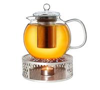 Creano Tetera de Vidrio „Bec“ 1,3L con Filtro de Acero Inoxidable y Calentador „Leaf“ Plata - Boquilla de Precisión Antigoteo