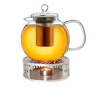 Creano Tetera de Vidrio „Bec“ 1,7L con Filtro de Acero Inoxidable y Calentador „Leaf“ Plata - Boquilla de Precisión Antigoteo