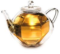 Creano Tetera de Vidrio de Doble Pared "Diseño de Diamante" con Tamiz en Espiral y Tapa de Vidrio, sin Goteo | 800ml