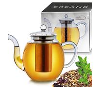 Creano Tetera de Vidrio „Diseño Alto“ 1,0l con Filtro de Acero Inoxidable y Boquilla Antigoteo - Tetera Vertical Elegante para Flores de Té