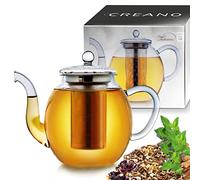 Creano Tetera de Vidrio „Diseño Alto“ 1,6l con Filtro de Acero Inoxidable y Boquilla Antigoteo - Tetera Vertical Elegante para Flores de Té