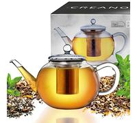 Creano Tetera de Vidrio „Diseño Plano“ 1,6l con Filtro de Acero Inoxidable y Tapa de Cristal - Resistente al Calor y Antigoteo