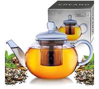 Creano Tetera de Vidrio „Diseño Plano“ 800ml con Filtro de Acero Inoxidable y Tapa de Cristal - Resistente al Calor y Antigoteo