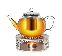 Creano Tetera de Vidrio „Plana“ 1,2L con Filtro de Acero Inoxidable y Calentador „Leaf“ Plata - Antigoteo y Resistente al Calor