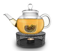 Creano Tetera de Vidrio „Plana“ 1,2L con Filtro de Vidrio y Calentador „Leaf“ Negro - Infusión Pura sin Sabor Metálico