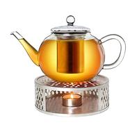 Creano Tetera de Vidrio „Plana“ 1,6L con Filtro de Acero Inoxidable y Calentador „Leaf“ Plata - Antigoteo y Resistente al Calor