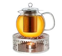 Creano Tetera de vidrio + un calentador de acero inoxidable, 3 piezas, con colador de acero inoxidable integrado y tapa de vidrio, ideal para preparar tés sueltos Acero inoxidable 0,85 L + calefactor