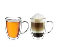 Creano Vaso térmico de Doble Pared con asa 250ml, Vaso Grande de Doble Pared de Vidrio borosilicato, Vaso para café/té 2X 250ml 2 Piezas (Paquete de 1)