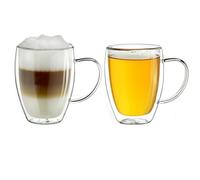 Creano Vaso térmico de Doble Pared con asa 400ml, Vaso Grande de Doble Pared de Vidrio borosilicato, Vasos para café, Vasos para té, Vasos para café con Leche 2X 400ml 2 Piezas (Paquete de 1)
