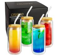 Creano Vasos de Doble Pared con Tapa de Bambú y Pajita de Vidrio de Borosilicato 360ml para Smoothies y Cócteles - Juego de 4 Vasos
