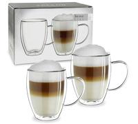 Creano Vasos de Doble Pared „Modelo Alto“ con Asa de Vidrio de Borosilicato Aislantes para Café y Té 250ml - Juego de 2 Vasos