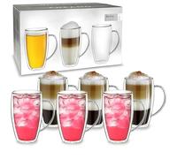 Creano Vasos de Doble Pared „Super Alto“ con Asa de Vidrio de Borosilicato Aislantes para Café y Té 400ml - Juego de 6 Vasos