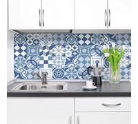 CREARREDA Panel antisalpicaduras de cocina adhesivo de pared fácil de aplicar Cementine Azzurre 190 x 60 cm 100% Made in Italy, ignífugo y resistente al agua, antisalpicaduras fregadero de PVC