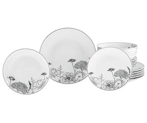 CreaTable, 22673, Serie Luna Black Flower, 18-teiliges Geschirrset für 6 Personen, Teller Set aus Porzellan, spülmaschinen- und mikrowellengeeignet, Qualitätsproduktion