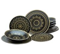 CreaTable, 23588, Serie Mandla Gold Schwarz, 12-teiliges Geschirrset, Tellerset aus Steinzeug