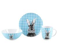 CreaTable, 25215 Happy Bunny Blue - Juego de vajilla de porcelana de 3 piezas, apta para lavavajillas y microondas, fabricada en Europa