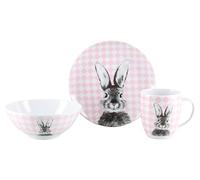 CreaTable, 25217 Happy Bunny Rosa - Juego de vajilla de porcelana de 3 piezas, apta para lavavajillas y microondas, fabricada en Europa