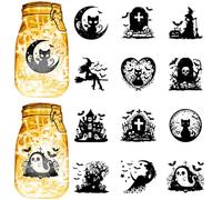 CREATCABIN 12 Pieza de Silueta de Tarro de Cristal Recortada con Láser para Halloween Cartón Gato Negro Luna Bruja Murciélago Calavera Troqueles de Plástico de PVC para Manualidades Linternas 10x9cm