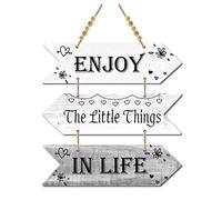 CREATCABIN 3 Pieza Madera Enjoy The LittThings In Life Sign Wood Arrow Placa Colgante Decoración Pared Casa Campo Cocina Rústica Agujero Hogar Comedor SaEstar (Color Gris Oscuro)
