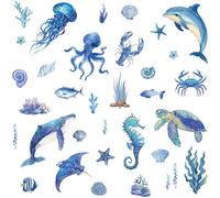 CREATCABIN 4 Pegatina de Pared de Animales Marinos, Pulpo, Medusa, Estrella de Mar, Concha Marina, Caracola, Decoración de PVC para Ventanas, Puerta, Sala de Juegos, Dormitorio, Guardería 29x20cm