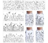 CREATCABIN 5 Hoja Pegatinas Transferencia Flores Vasos Vidrio Calcomanía Transparente UV DTF Transferencia Tazas PVC Impermeable Flores Silvestres Pegatinas Vintage Manualidades 24x11 cm