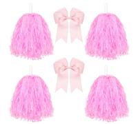 CREATCABIN 6 pompón Grande para Animadoras, Lazo para el Pelo de Plástico Rosa, Accesorios con Asa para el Espíritu de Equipo, Deportes, Bailes, Fiestas, Baloncesto, Fútbol, Animadores