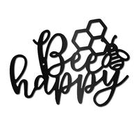 CREATCABIN Bee Happy Metal Wall Art Decor Escultura de Pared Colgante Decoración Letrero Hierro Contorno Arte de Pared Negro Decoración Rústica Adorno para Jardín Interior Exterior 30 x 22 cm