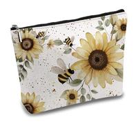 CREATCABIN Bolsas de Maquillaje con Diseño de Abejas Y Girasoles, Bolsa de Cosméticos de Polialgodón, Estuche Multiusos para Lápices con Cremallera de Metal, Organizador de Artículos de Tocador