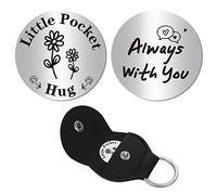 CREATCABIN Bolsillo Abrazo Token Recuerdo Acero Inoxidable Doble Cara Larga Distancia Relación Recuerdo Pensando En Usted Regalos con Llavero de Cuero PU para Niños Hijo Hija Familia 1.2 x 1.2 Pulgada