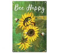 CREATCABIN Cartel de Hojalata de Metal Bee Happy Signs Sunflower Vintage Wall Art Decor Funny Rustic Farmhouse Backyard Hogar Cocina Bar Café Jardín Decoraciones 8 x 12 Pulgada