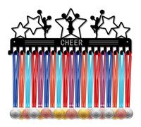 CREATCABIN Cheer Medal Hangers Medal Holders Display Metal Stars Pentagrams Cheerleading Medal Rack Organizer Plaques Hanger Black Wall Mounted with 20 Hooks for Awards Ribbons Sports Race 40x15cm