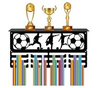 CREATCABIN Colgador Exhibición Medallas Fútbol,Estante Trofeos 24 gancho,Marco Exhibición Trofeos Medallas Metal,Soporte Trofeos,Montaje En Pared,Colgador Cinta para Premios Fútbol,40x20x10cm(Negro)