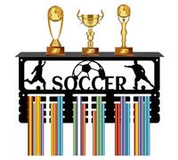 CREATCABIN Colgador Medallas Fútbol,Estante Trofeos 24 Gancho,Colgador Trofeos,Estante Metal para Montaje En Pared,Soporte para Exhibición Cinta para,Gimnasia,Correr,Baloncesto 40x20x10cm(Negro)