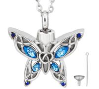 CREATCABIN Collar de Urna de Cremación de Mariposa para Cenizas Recuerdo de Cremación Joyería Mini Azul con Diamantes de Imitación de Acero Inoxidable Collar de Urna de Cristal con Pasador 21 Pulgada