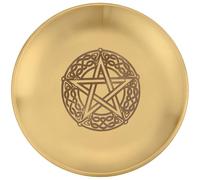 CREATCABIN Cuenco de Ofrenda con Pentagrama Plato Ritual de Altar de Acero Inoxidable con Cristal Dorado Cuenco Plano Bandeja Redonda de Astrología Portavelas Plato para Joyería Quemador de 14x14cm