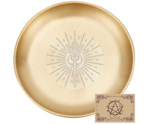 CREATCABIN Cuenco de Ofrenda En Forma de Cruz, Plato Ritual de Altar de Acero Inoxidable con Cristal Dorado Bandeja Redonda Plato de Oración Portavelas Plato de Joyería para Quemar Incienso de 14x14cm