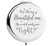CREATCABIN Hermoso Espejo Compacto Sigue Brillando Acero Inoxidable Alentador Personalizado Mini Maquillaje Bolsillo Viajes Grabado Espejos Plata para Amigos Familia Graduación Cumpleaños Año Nuevo