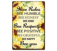 CREATCABIN Hive Rules Bee Happy Metal Tin Sign Retro Vintage Funny Wall Decor Art Mural Hanging Iron Painting para el Hogar Jardín Bar Pub Cocina Sala de Estar Oficina Garaje Placa de 8 x 12 Pulgada