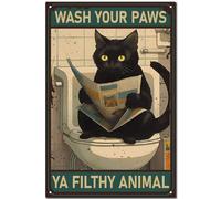 CREATCABIN Letrero Metal Retro Diseño Gato Negro Vintage para Baño,Placa Pintura,Letrero Hierro,Decoración Pared,Mural Artístico para Colgar En el Baño,Cocina,30x20cm,Wash Your Paws Ya Filthy Animal