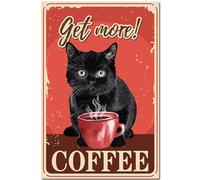 CREATCABIN Letrero Metal Vintage con Diseño Gato Negro,Placa Pintura Retro,Cartel Hierro Rojo,Decoración Pared,Mural para Interiores Exteriores,Cafetería,Cocina,Pared,Hogar,Bar,30x20cm,Get More Coffee