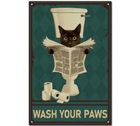 CREATCABIN Letrero Metal Vintage Diseño Gato Negro,Placa Pintura Retro,Letrero Hierro para Decoración Pared,Mural Artístico para Colgar para Regalo,Interior,Exterior,Hogar,Baño,30x20cm,Wash Your Paws