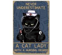 CREATCABIN Letrero Vintage Metal Retro con Diseño Gato Enfermera,Cartel Pintura,Placa Hierro,Decoración Pared,Mural Colgante para Sala Estar,30x20cm,Never Underestimate A Cat Lady with A Nursing