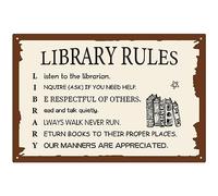CREATCABIN Library Rules Cartel de Estaño para Decoración de Biblioteca, Cartel de Hierro Vintage, Placa Retro para Colgar En la Casa de Campo, Arte de Pared para Biblioteca, Sala de Lectura 20x30 cm