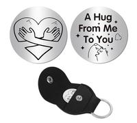 CREATCABIN Llavero de Recuerdo de Relación de Larga Distancia con Bolsillo En Forma de Corazón, Moneda de Acero Inoxidable de Doble Cara con Clip de Cuero, Llavero para Amigos,Familia,Inspirador 3x3cm