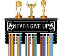 CREATCABIN Never Give Up-Colgador Medallas con Estante,Soporte para Trofeos,Marco Deportivo,Montaje En Pared,Ganchos para Colgar Premios para Correr,Natación,Maratón,Gimnasia,Medallas 40x20x10cm