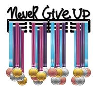 CREATCABIN Never Give Up Soporte Medallas Deportivas,Colgador Exhibición,Decoración Acero Inoxidable,Soporte Pared para Colgar En la Pared Almacenamiento Insignias En el Hogar,Correr,Fútbol,Negro