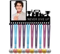 CREATCABIN Never Give Up - Soporte Medallas Trofeo Marco Fotos Metal Colgar Deportes Premios Atleta Soporte Pared 20 Gancho Medallas Cinta Competición Color Negro 42 x 25cm