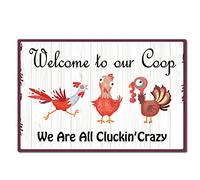 CREATCABIN Placa de Hojalata con Letrero de Metal Bienvenido A Nuestra Cooperativa We Are All Cluckin' Crazy Signs Placa Vintage Funny Chicken Animals Retro Decoraciones para Farm Yard Farmhouse Home