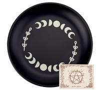 CREATCABIN Plato de Altar con Fases Lunares, Plato para Joyas, Cuenco Plano Ritual, Bandeja Redonda para Oraciones, Cuenco para Ofrendas, Portavelas Negro con Tarjeta de Adivinación para Meditación, V
